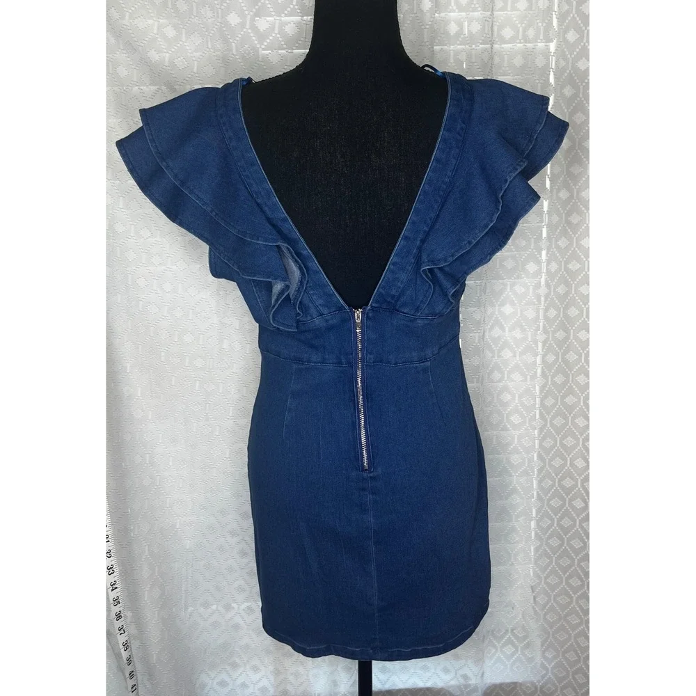 Flying Tomato Denim Mini‎ Dress Ruffle Sleeves V Neck Dark Wash Size M, NWT - Picture 3 of 7